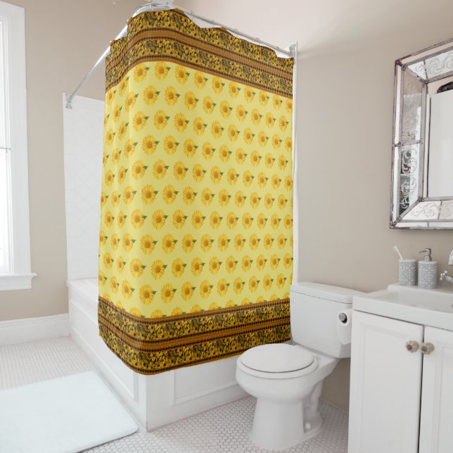 Yellow Daisy Pattern Shower Curtain (In Situ)