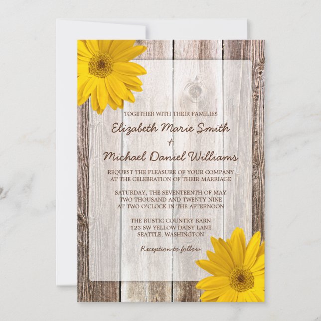 Yellow Daisy Rustic Barn Wood Wedding Invitations (Front)