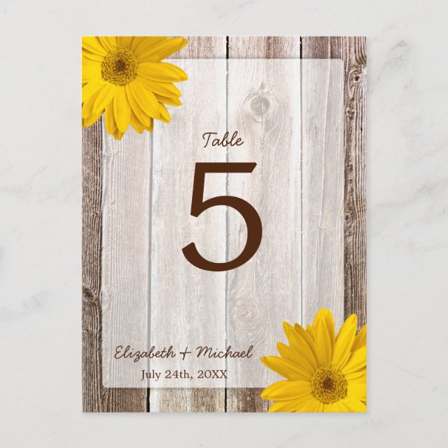 Yellow Daisy Rustic Barn Wood Wedding Table Number Postcard (Front)