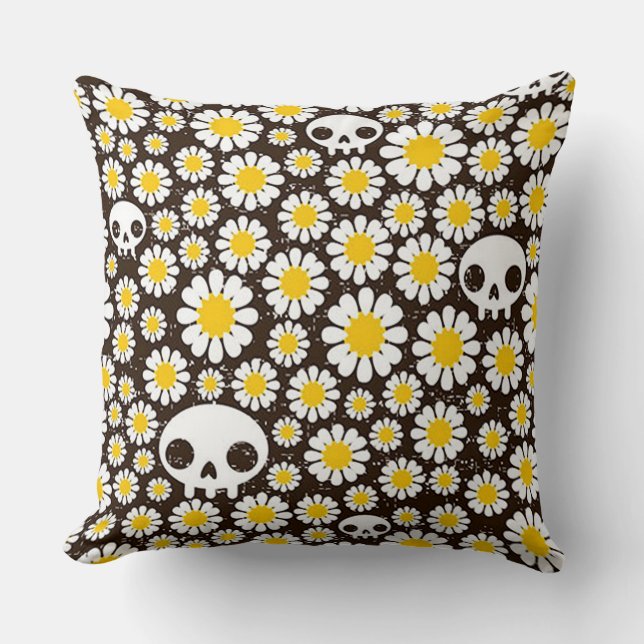 Yellow Daisy Skulls Cushion (Front)