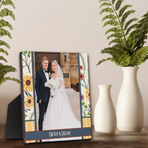 Yellow Daisy Stripe Photo Customised Names Black Plaque