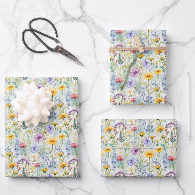 Yellow Daisy Wildflower Floral Pattern Wrapping Paper Sheet (Front)