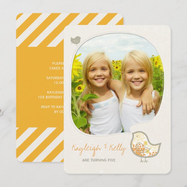 Yellow Damask Bird Twin Girls Photo Birthday Party Invitation (Front/Back)