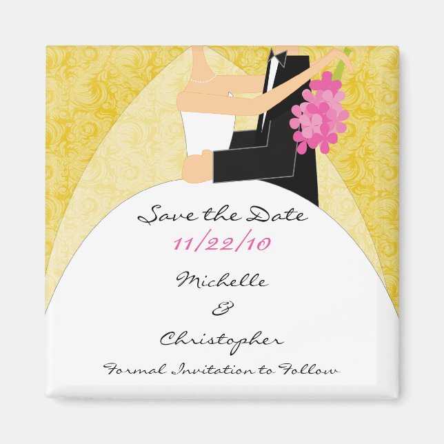 Yellow Damask Bride & Groom Save The Date Magnet (Front)