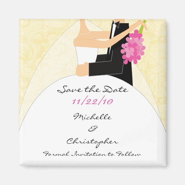 Yellow Damask Bride & Groom Save The Date Magnet (Front)