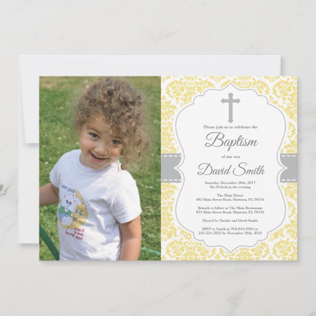 Yellow Damask Cross Baptism Invitation (Front)