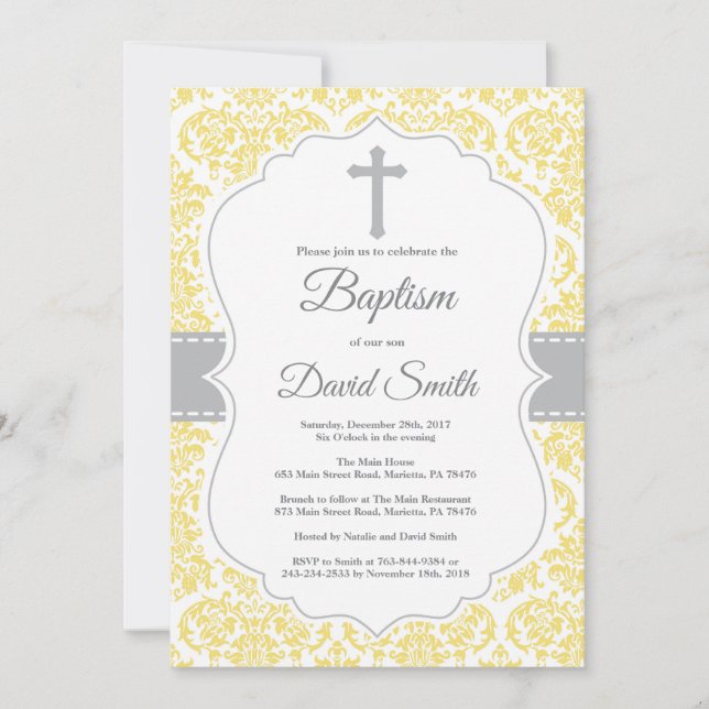 Yellow Damask Cross Baptism Invitation (Front)