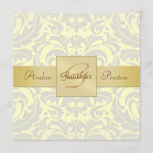Yellow Damask Monogram Gold Ribbon Invitation
