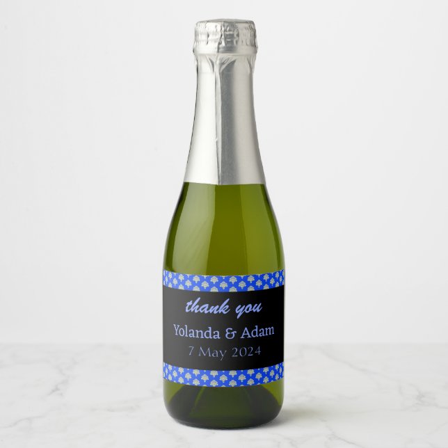 Yellow damask pattern blue wedding sparkling wine label (Front)
