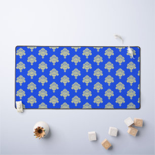 Yellow damask pattern on blue desk mat