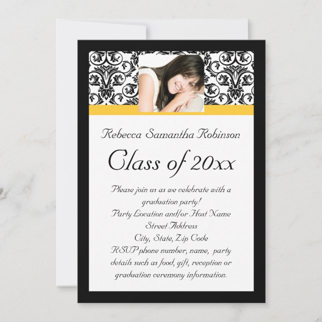 Yellow Damask Photo Girl's Graduation Invitation (Front)