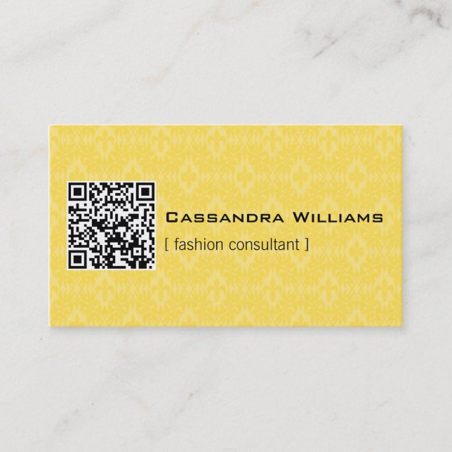 Yellow Damask QR CODE Business Cards (Front)
