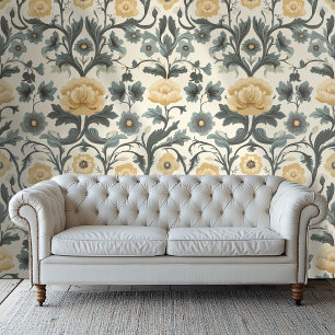 Yellow Damask Style Floral Wallpaper