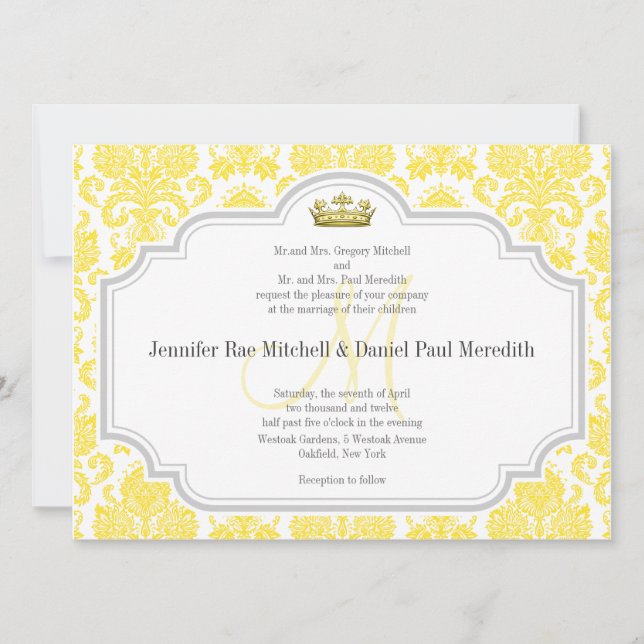 Yellow Damask Wedding Invitations Monogram M (Front)