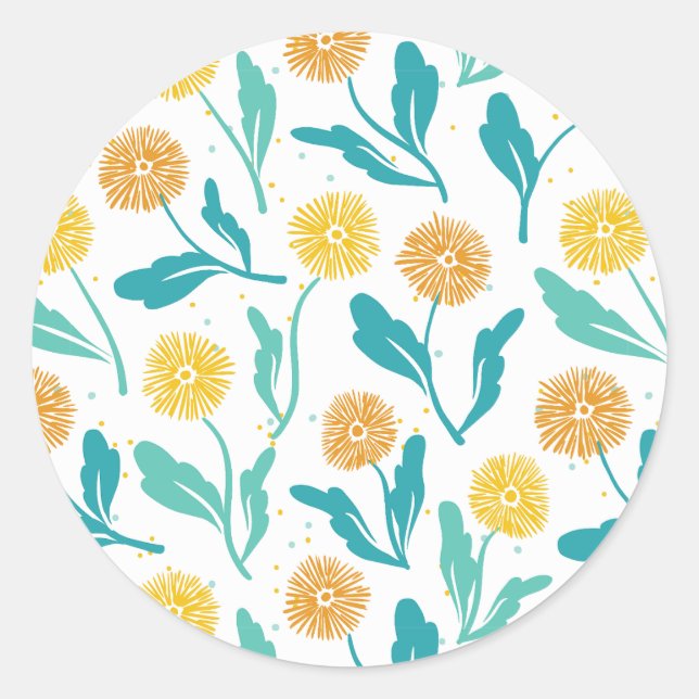 Yellow Dandelion Floral Pattern - Nature-Inspired  Classic Round Sticker (Front)
