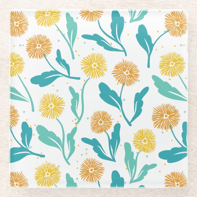 Yellow Dandelion Floral Pattern - Nature-Inspired  Glass Coaster (Front)