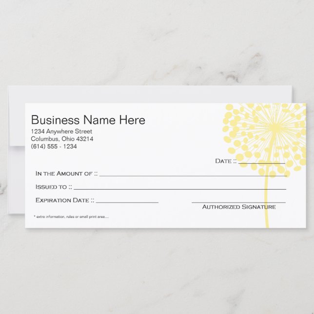 Yellow Dandelion Flower Gift Certificate Design 3 (Front)