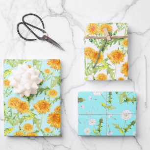 Yellow Dandelions and Dandelion Fluff Wrapping Paper Sheet