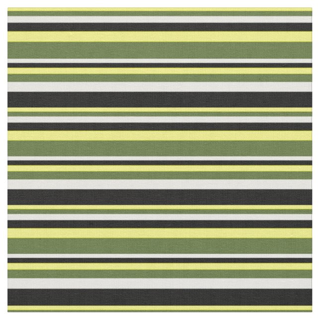 Yellow, Dark Olive Green, White & Black Lines Fabric (Close Up)