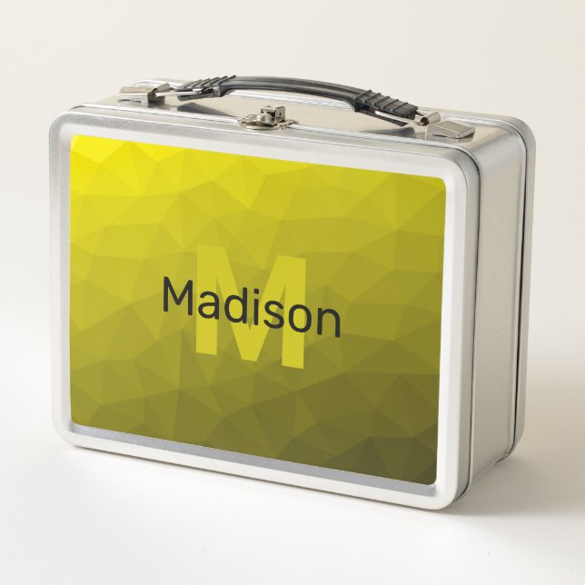 Yellow dark ombre geometric mesh pattern Monogram Metal Lunch Box (Front)