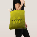 Yellow dark ombre geometric mesh pattern Monogram Tote Bag<br><div class="desc">Yellow dark ombre geometric mesh pattern Monogram Tote Bag. Personalise with your custom initial and name. Yellow gold ombre gradient geometric mesh pattern. Triangle geometric mesh with light dark yellow gold black ombre gradient.</div>