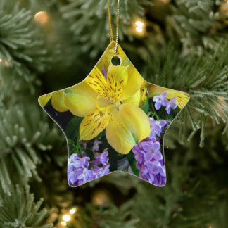 Yellow Daylilies & Purple Lilac Flowers Ceramic Tree Decoration