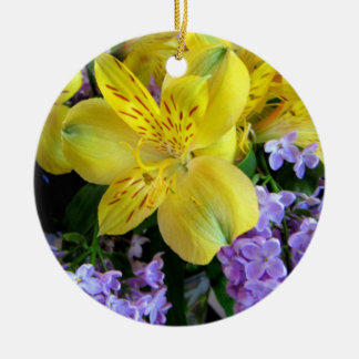 Yellow Daylilies & Purple Lilac Flowers Ceramic Tree Decoration