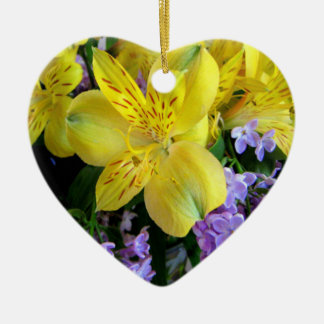 Yellow Daylilies & Purple Lilac Flowers Ceramic Tree Decoration