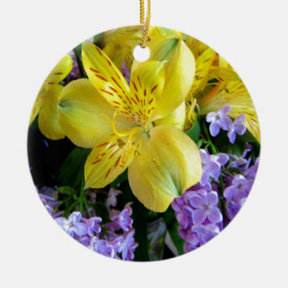 Yellow Daylilies & Purple Lilac Flowers Ceramic Tree Decoration