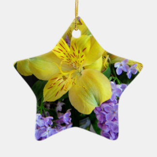 Yellow Daylilies & Purple Lilac Flowers Ceramic Tree Decoration