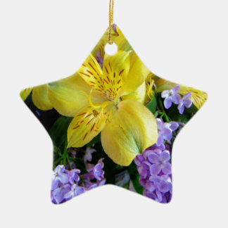 Yellow Daylilies & Purple Lilac Flowers Ceramic Tree Decoration