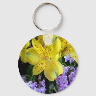 Yellow Daylilies & Purple Lilac Flowers Key Ring