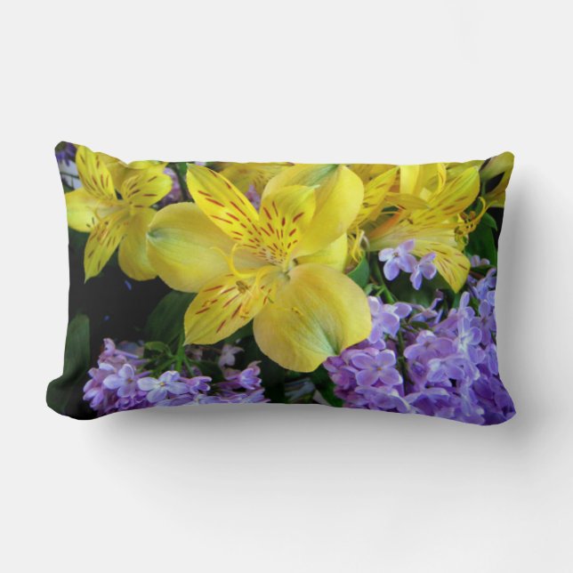 Yellow Daylilies & Purple Lilac Flowers Lumbar Cushion (Front)