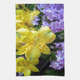 Yellow Daylilies & Purple Lilac Flowers Tea Towel