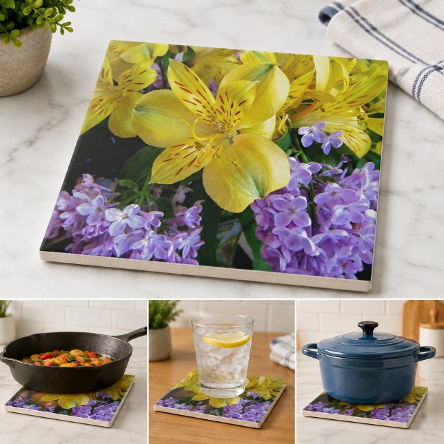 Yellow Daylilies & Purple Lilac Flowers Tile (Yellow Daylilies & Purple Lilac Flowers Tile)
