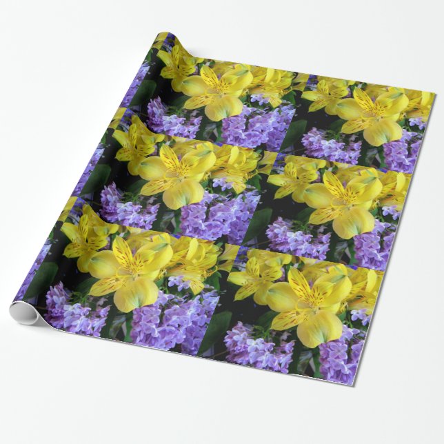 Yellow Daylilies & Purple Lilac Flowers Wrapping Paper (Unrolled)