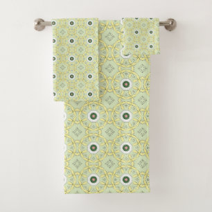 Yellow decorative geometric patterned bath towel set