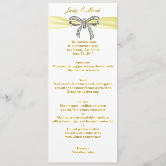 Yellow Diamond Bow Wedding Menu Card (Front)
