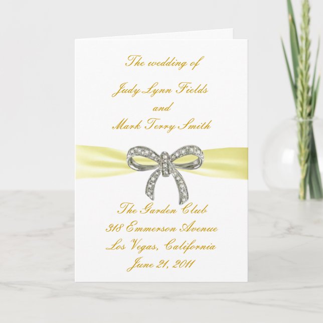 Yellow Diamond Bow Wedding Program Card (Front)