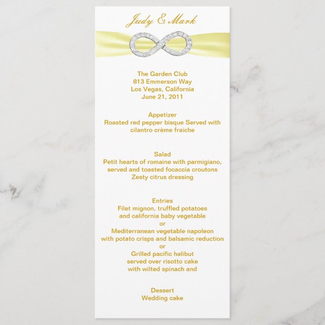 Yellow Diamond Infinity Wedding Menu Card (Front)