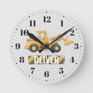 Yellow Digger Boys Nursery Bedroom Decor Add Name Round Clock