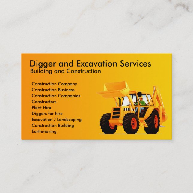 Yellow Digger Construction Contractor Business Card (Front)