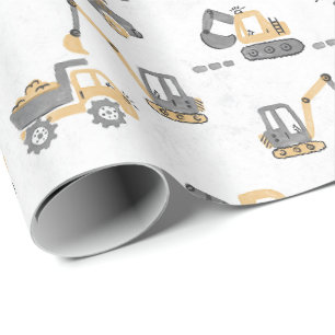 Yellow Digger Construction Pattern Little Builder Wrapping Paper
