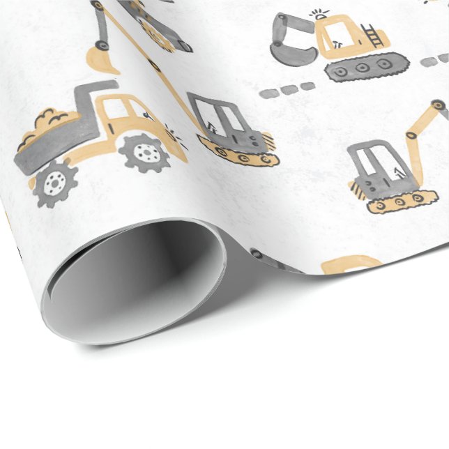 Yellow Digger Construction Pattern  Little Builder Wrapping Paper (Roll Corner)