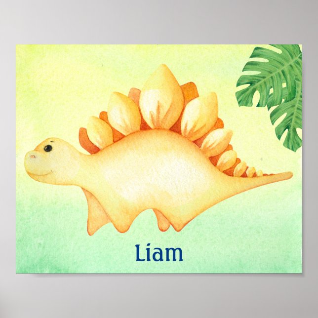 Yellow Dinosaur Boy's Name Nursery Watercolor Post Poster (Front)