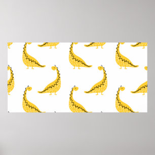 Yellow dinosaur seamless pattern. Funny vintage il Poster