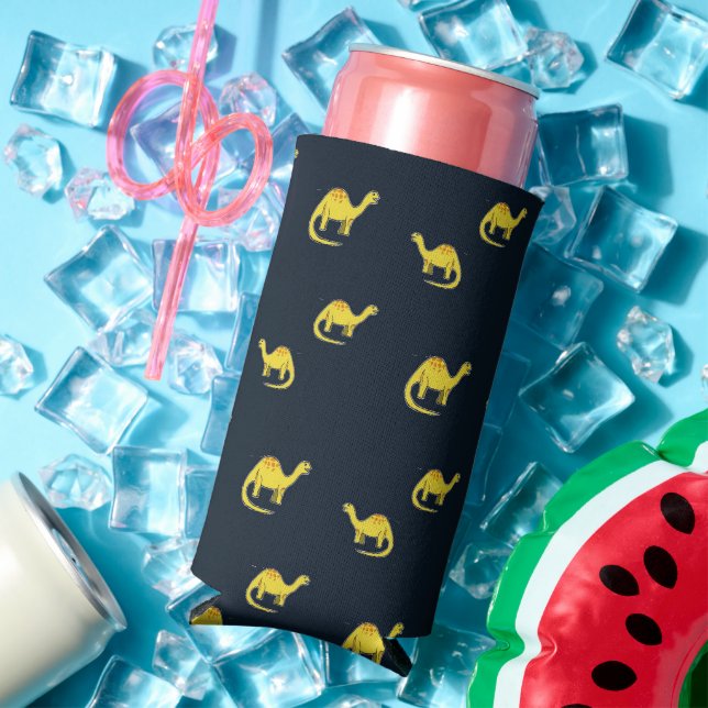 Yellow dinosaurs on blue seltzer can cooler (In Situ Summer)
