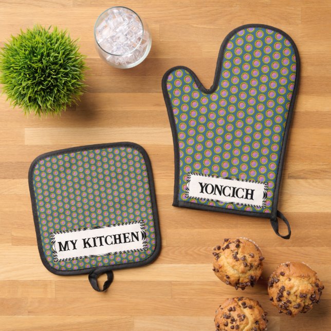 Yellow Disc Ribbon by Kenneth Yoncich Oven Mitt & Pot Holder Set (Top Down)