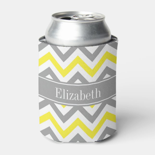 Yellow Dk Grey White LG Chevron Grey Name Monogram Can Cooler (Can Front)