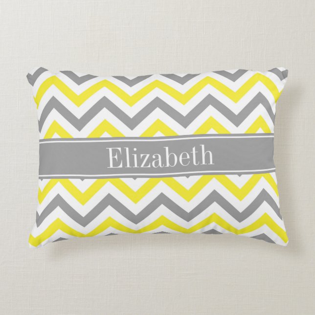 Yellow Dk Grey White LG Chevron Grey Name Monogram Decorative Cushion (Front)